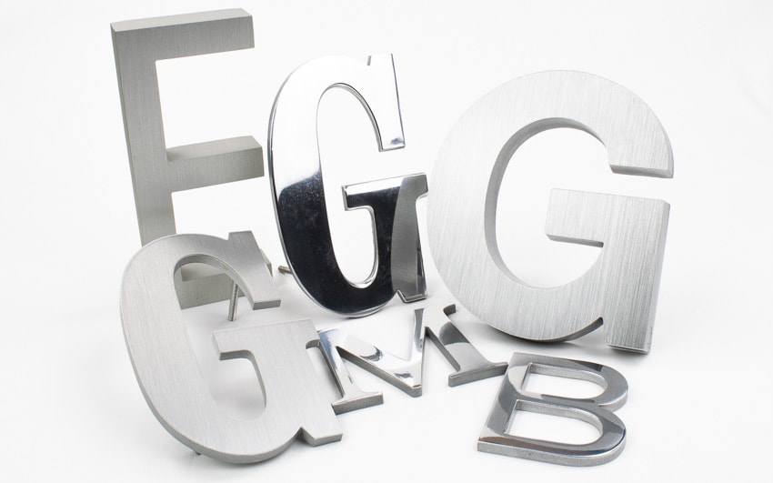 aluminum letter options in brushed and polished chrome mirror finish