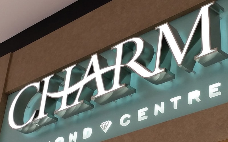 front lit channel letters with bright white LEDs with chrome edges for mall sign