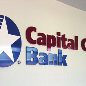 painted solid cut aluminum letters with white vinyl logo for bank lobby wall