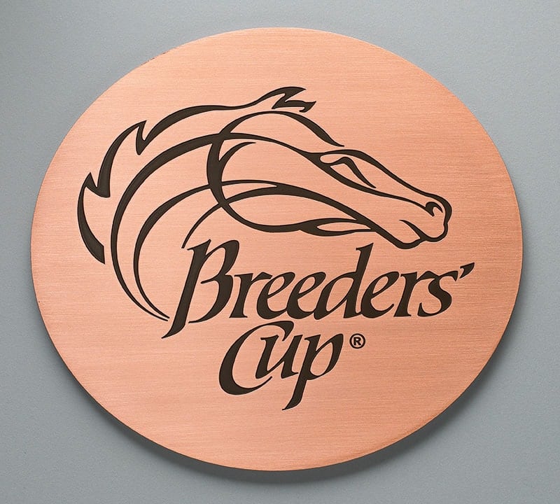etched copper plaque with brown background for breeders cup